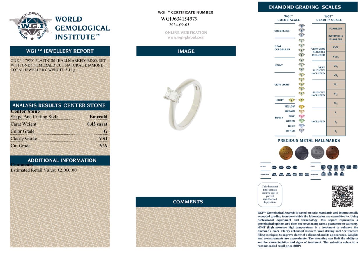0.42 Carat VS1 Diamond Emerald Cut Diamond Ring in Platinum - WGI Certificate £2000 - Flamingo Gems