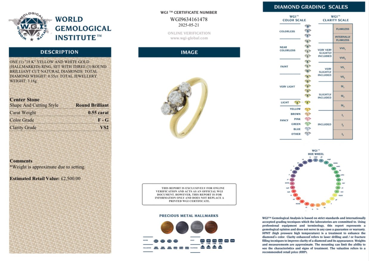 0.55 Ct Natural Diamond Trilogy Ring - 18K Yellow Gold - WGI Certificate £2,500 - Flamingo Gems