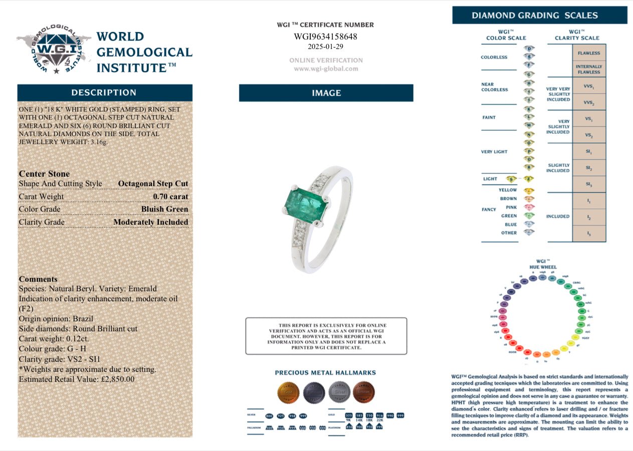 0.70 Ct Natural Emerald, 0.12 Ct Diamond Ring, 18K White Gold - WGI Certificate £2,850 - Flamingo Gems