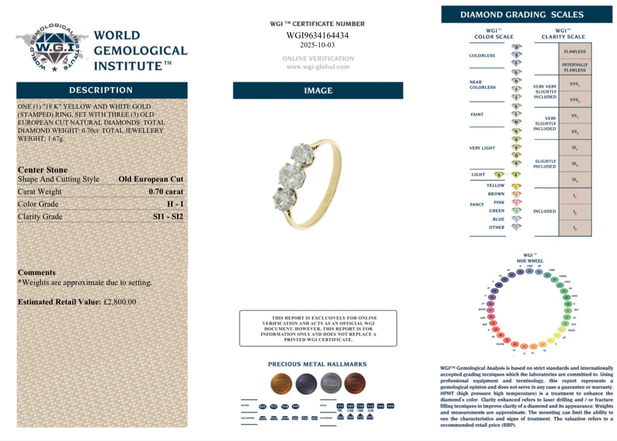 0.70 Ct Natural Old European Cut Diamond Trilogy Ring 18k Gold - WGI Certificate £2800 - Flamingo Gems