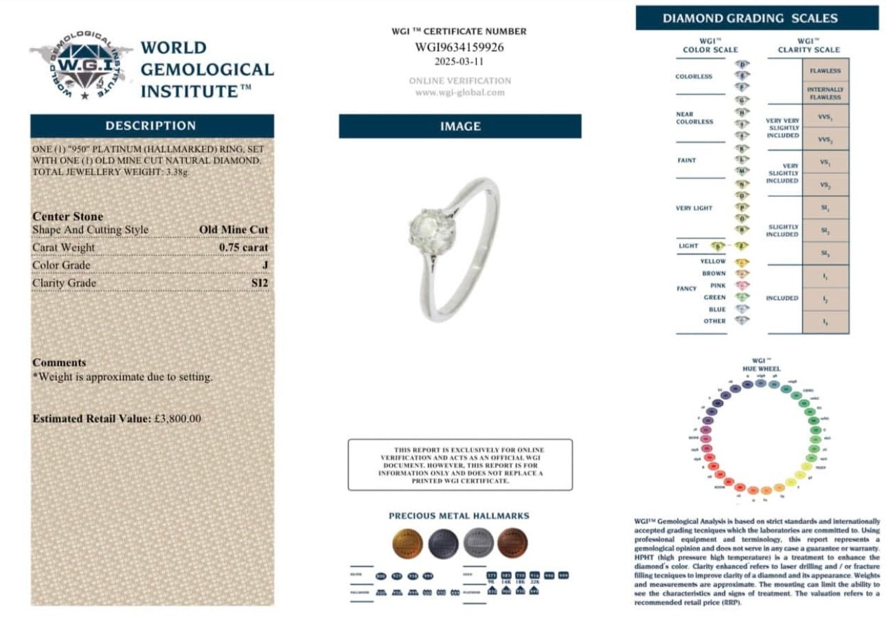 0.75 Carat Natural Diamond Solitaire Ring - Platinum - WGI Certificate £3,800 - Flamingo Gems