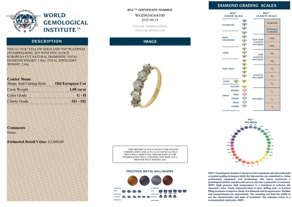 1 Carat Antique Five - Stone Old European Cut Diamond Ring - 18k Yellow Gold and Platinum - Flamingo Gems