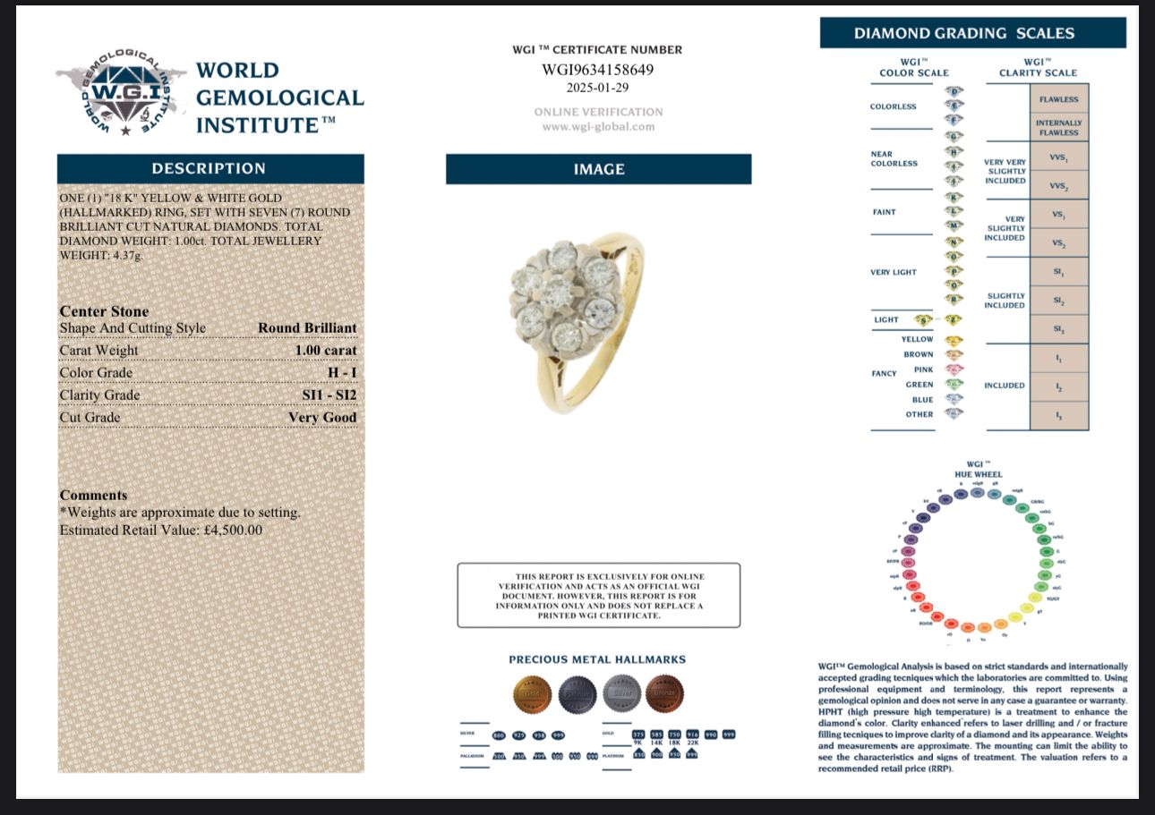 1 Carat Natural Diamond 18K White and Yellow Gold Ring - WGI Certificate - £4,500 - Flamingo Gems