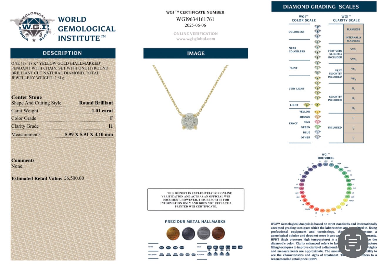 1.01 Carat Natural Diamond Necklace, 18K Yellow Gold - WGI Certificate £6,500 - Flamingo Gems