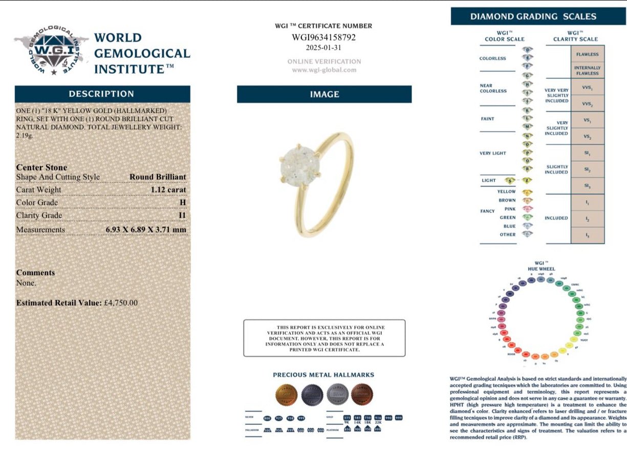 1.12 Natural Diamond Solitaire Engagement Ring - 18K Yellow Gold - WGI Certificate £4,750 - Flamingo Gems