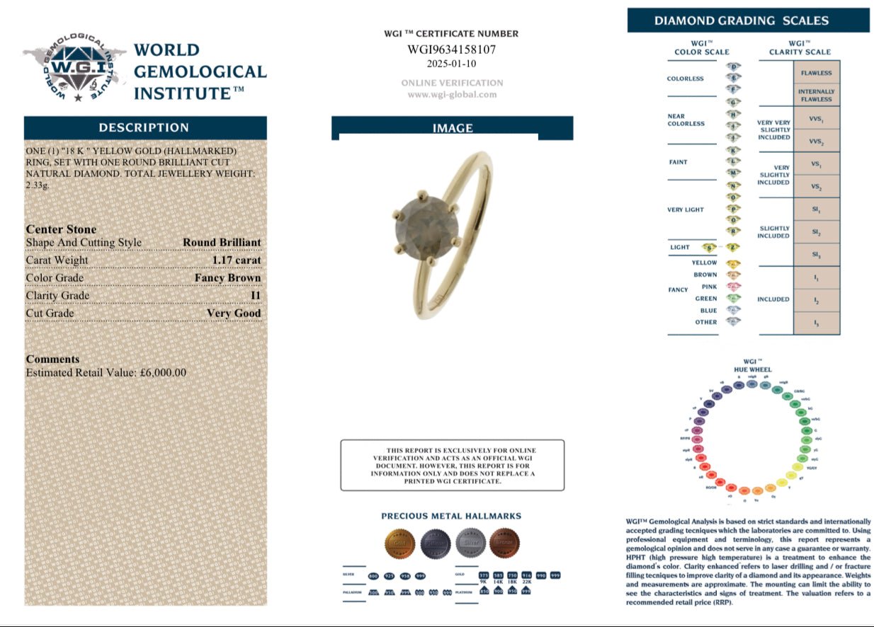 1.17 Ct Champagne Natural Diamond Ring, 18K Yellow Gold - WGI Certificate - £6,000 - Flamingo Gems
