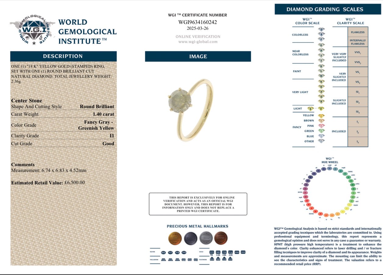 1.40 Ct Champagne Natural Diamond Ring, 18K Yellow Gold - WGI Certificate - £6,500 - Flamingo Gems