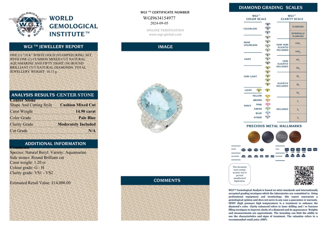 14.90 Ct Aquamarine, 1.20 Ct Diamond 18Ct White Gold Cocktail Ring - WGI Certificate £14,000 - Flamingo Gems