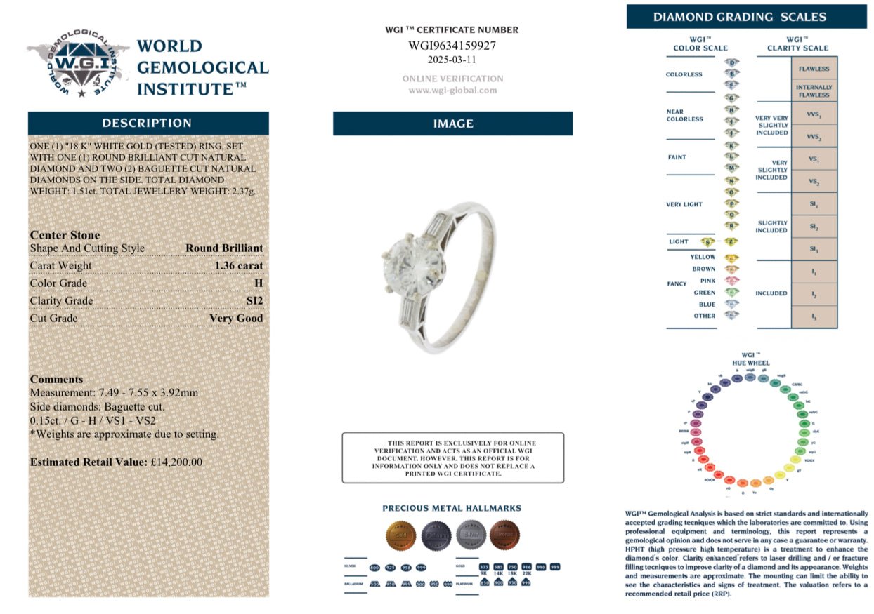 1.51 Carat Natural Diamond Ring - 18K White Gold - WGI Certificate £14,200 - Flamingo Gems