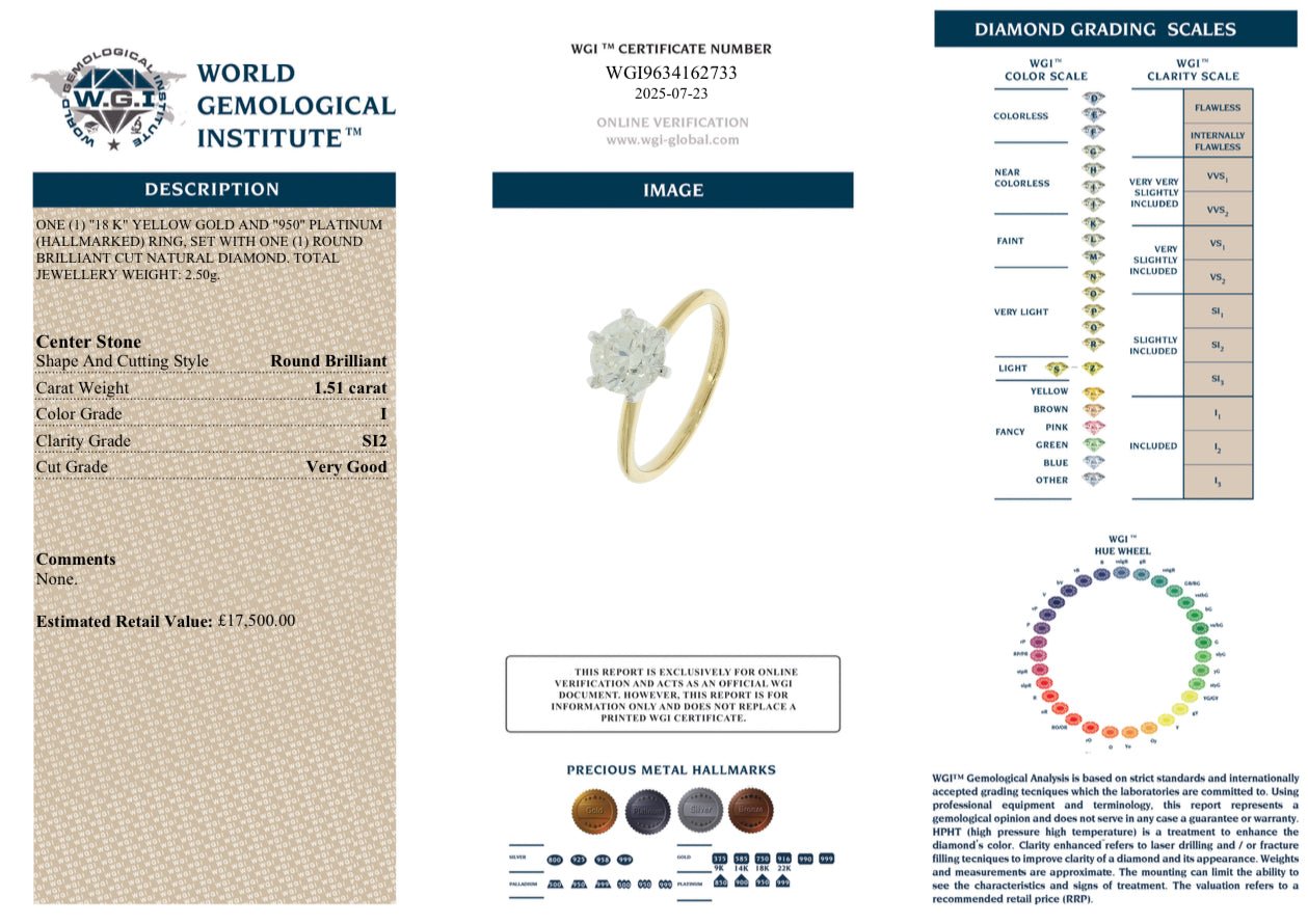 1.51 Carat Natural Diamond Ring, 18K Yellow Gold and Platinum - WGI Certificate £17,500 - Flamingo Gems