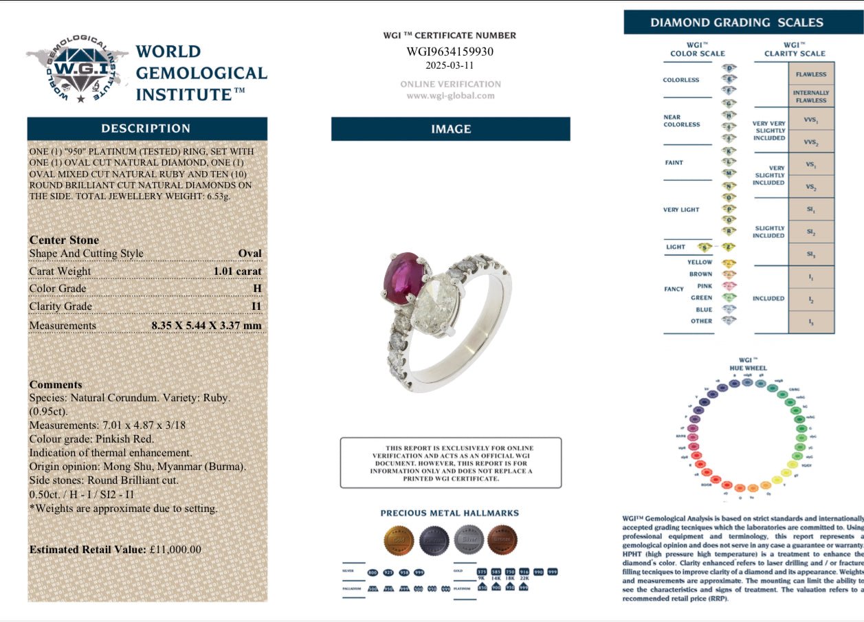 1.51 Carat Natural Diamond Ring and 0.95 Burmese Ruby Ring - Platinum - WGI Certificate £11,000 - Flamingo Gems