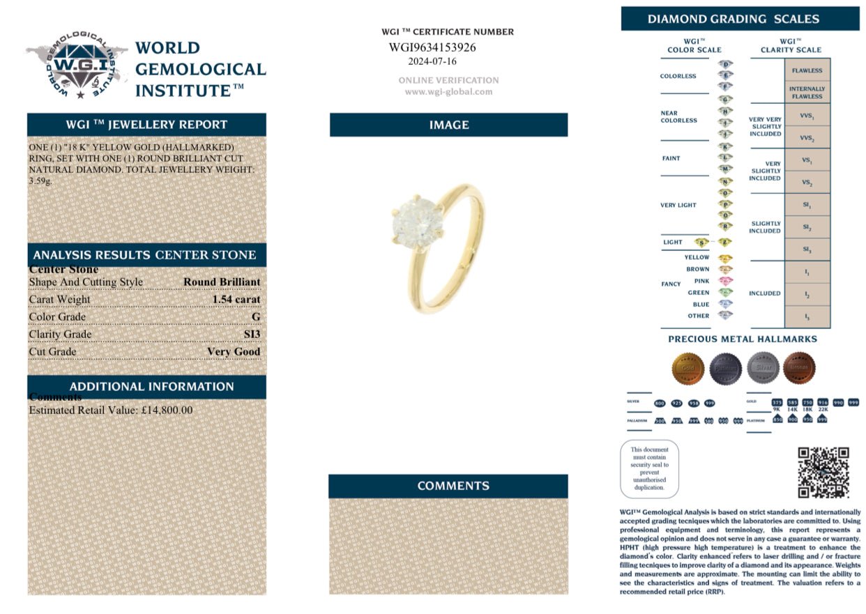 1.54 Carat Diamond Ring crafted in 18 Carat Yellow Gold - WGI Certificate £14,800 - Flamingo Gems