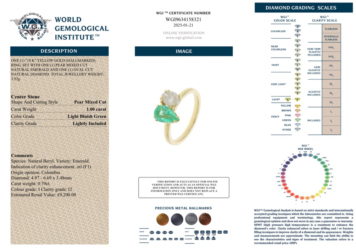 1.79 Ct Natural Diamond and Colombian Emerald Moi Et Toi Ring, Platinum - WGI Certificate £9,200 - Flamingo Gems