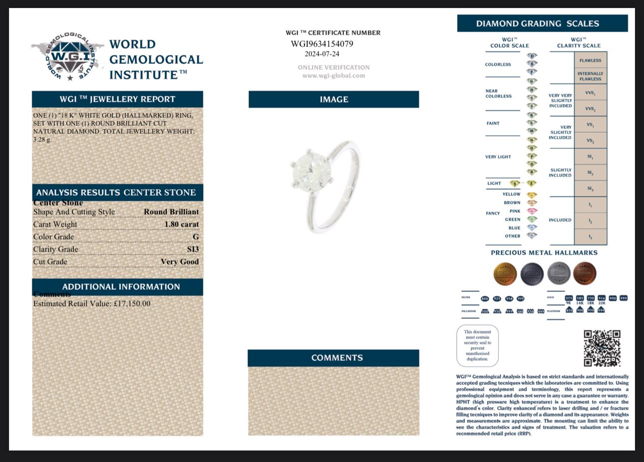 1.80 Carat Diamond Ring crafted in 18 Carat White Gold - WGI Certificate £17,150 - Flamingo Gems