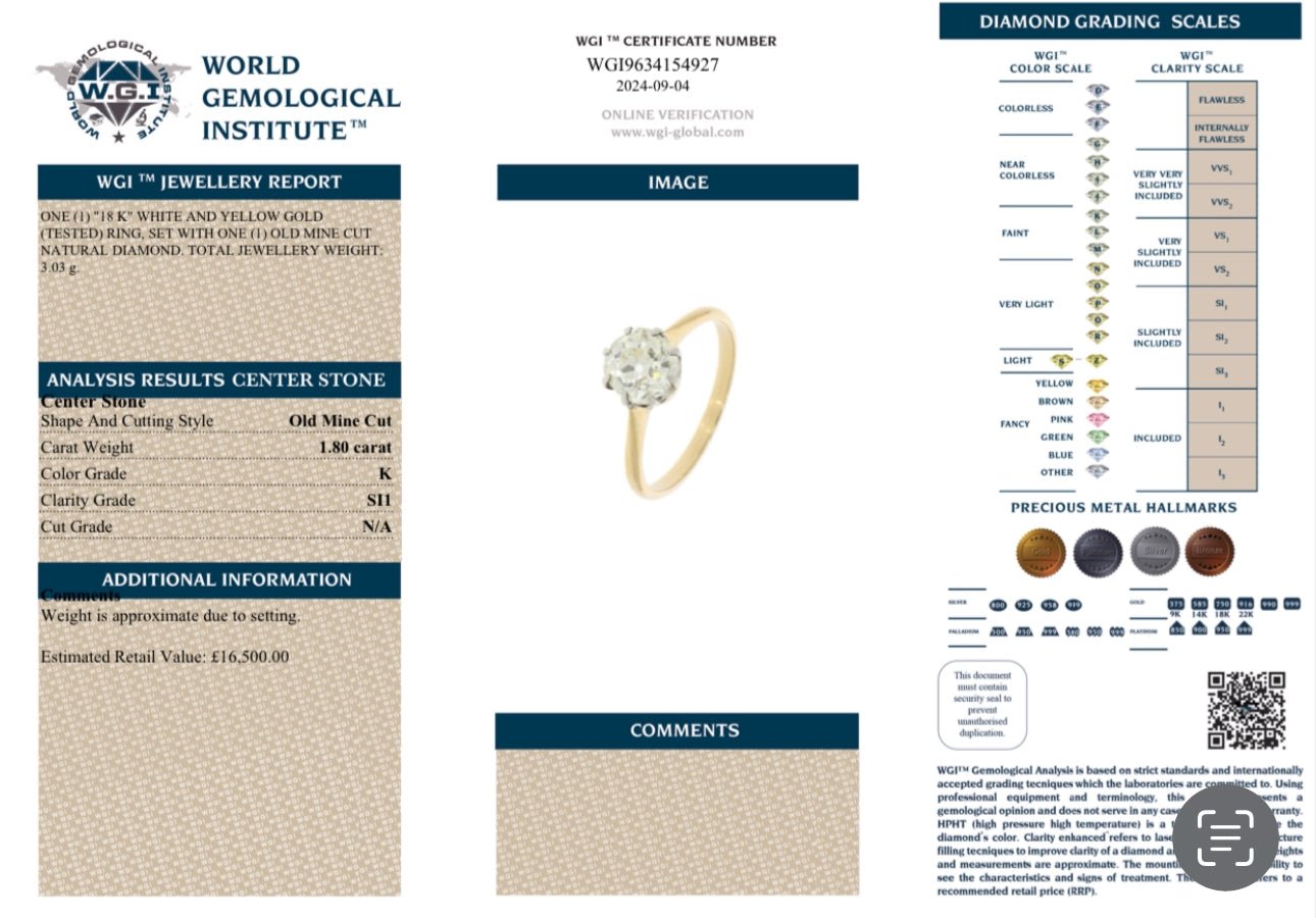 1.80 Ct Old Mine Cut Solitaire, 18 Ct Gold - WGI Certificate £16,500 - Flamingo Gems