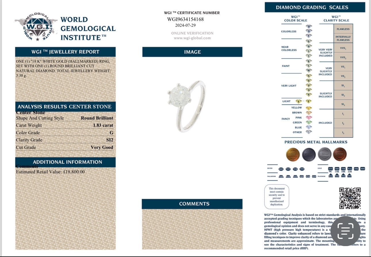 1.83 Carat Diamond Ring crafted in 18 Carat White Gold - WGI Certificate £18,800 - Flamingo Gems