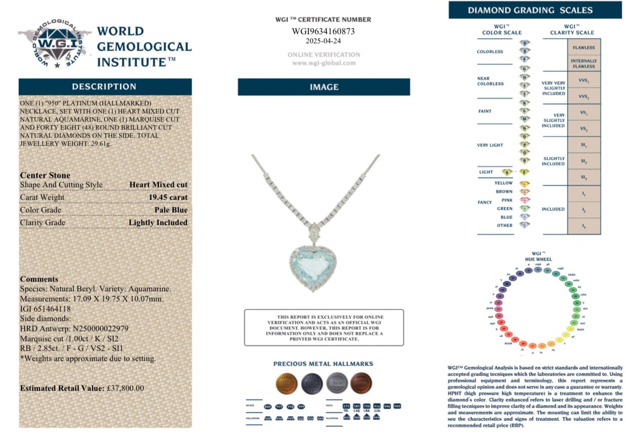 19.45 Ct Aquamarine and 3.85 Ct Natural Diamond Necklace - Platinum - WGI Certificate/Valuation £37,800 - Flamingo Gems