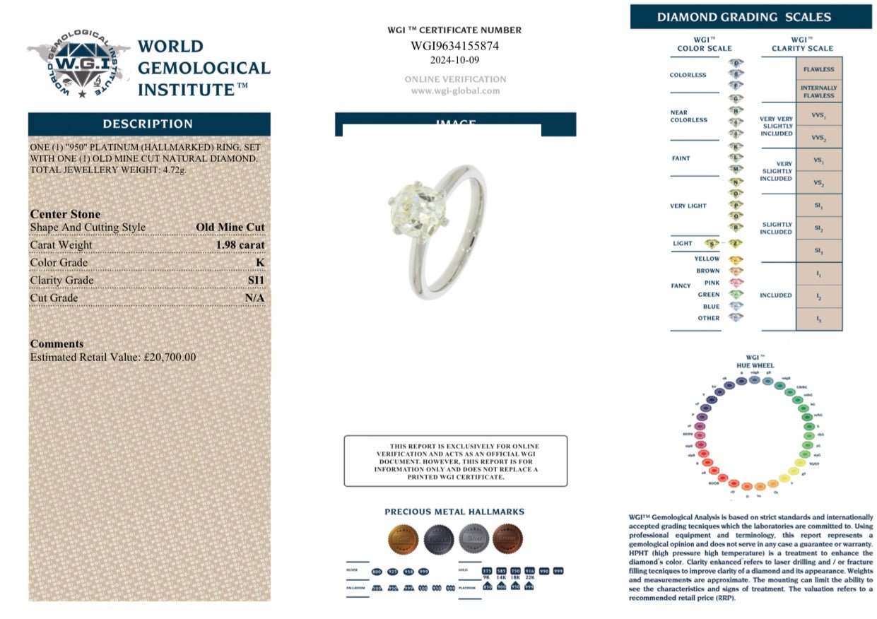 1.98 Ct Old Mine Cut Natural Diamond Solitaire, Platinum - WGI Certificate £20,700 - Flamingo Gems
