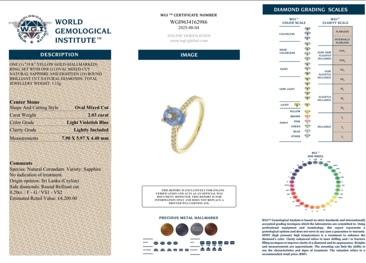 2.03 Carat Untreated Ceylon Sapphire and Diamond Ring - 18K Yellow Gold, WGI Certificate £4,200 - Flamingo Gems