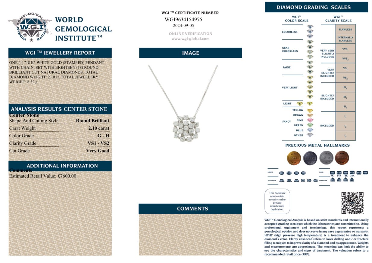 2.10 Carat Diamond Necklace, 18K White Gold - WGI Certificate £7,900 - Flamingo Gems