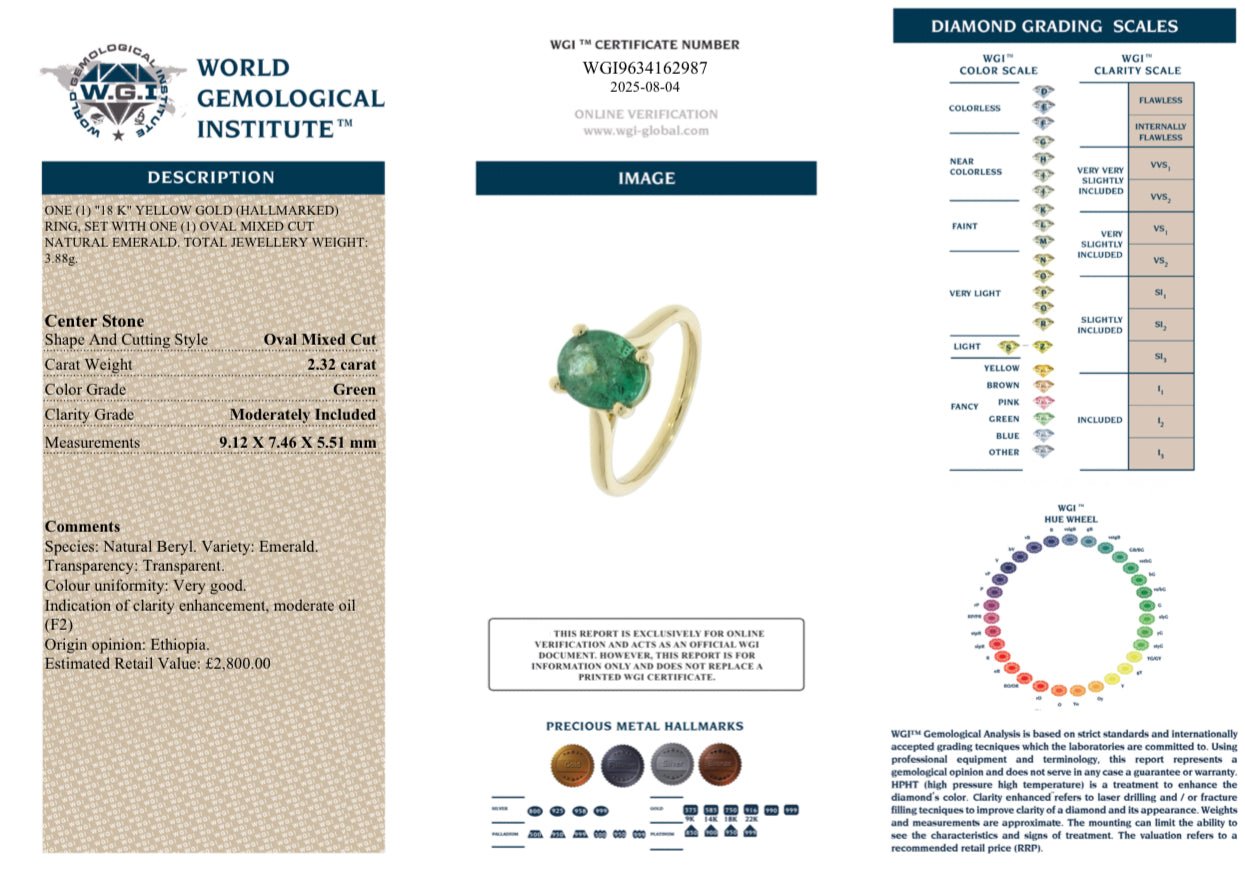 2.32 Carat Natural Emerald Ring, 18K Yellow Gold - WGI Certificate £2,800 - Flamingo Gems