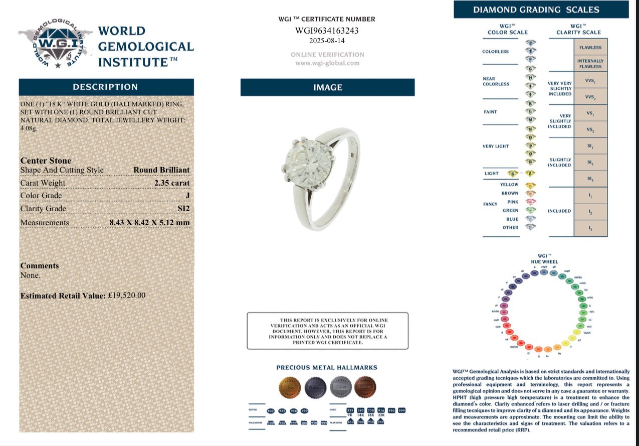 2.35 Ct Natural Diamond Ring, 18K White Gold - WGI Certificate £19,520 - Flamingo Gems