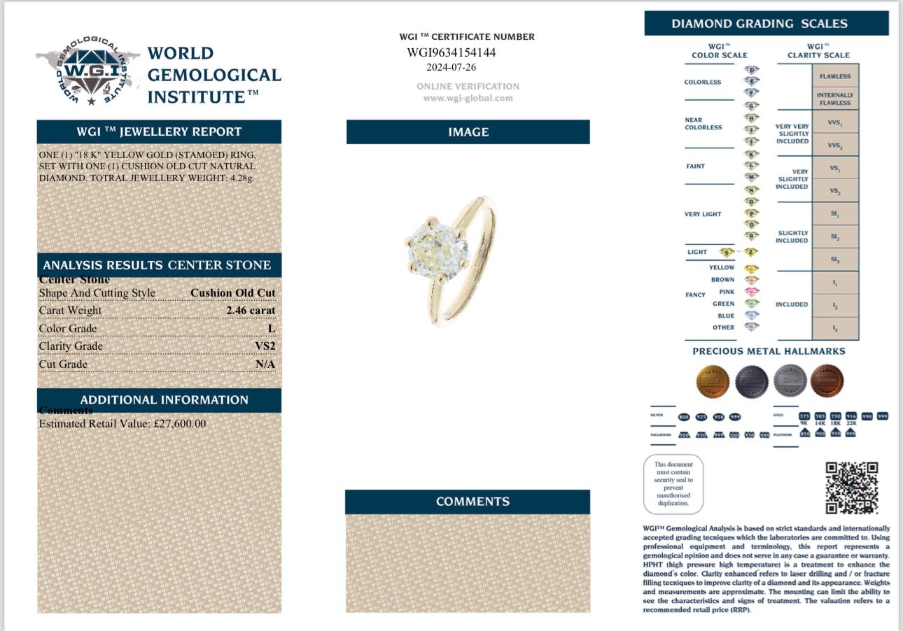 2.46 Carat Cushion Old Cut Diamond Solitaire, 18 Carat Yellow Gold - WGI Certificate £27,600 - Flamingo Gems