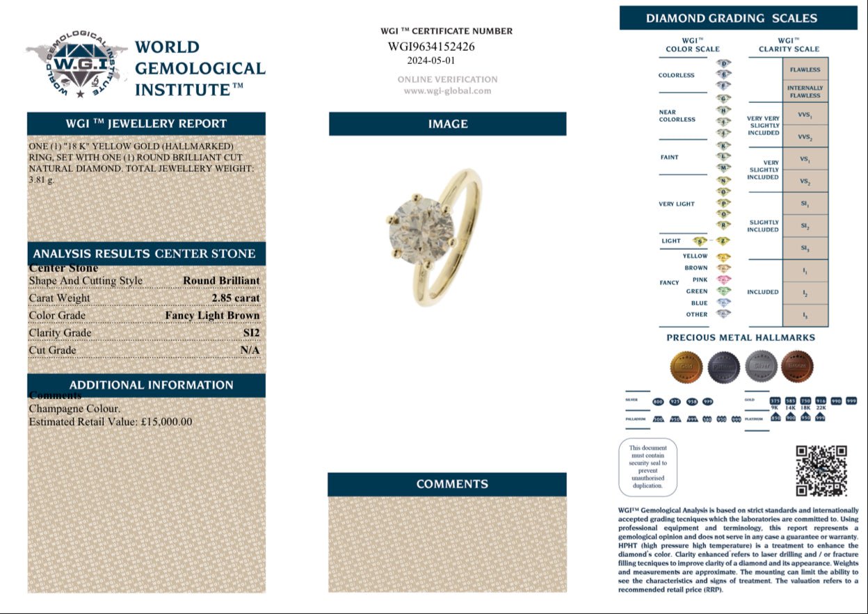 2.85 Carat Champagne Diamond Solitaire, 18 Ct Yellow Gold - WGI Valuation 15,000 - Flamingo Gems