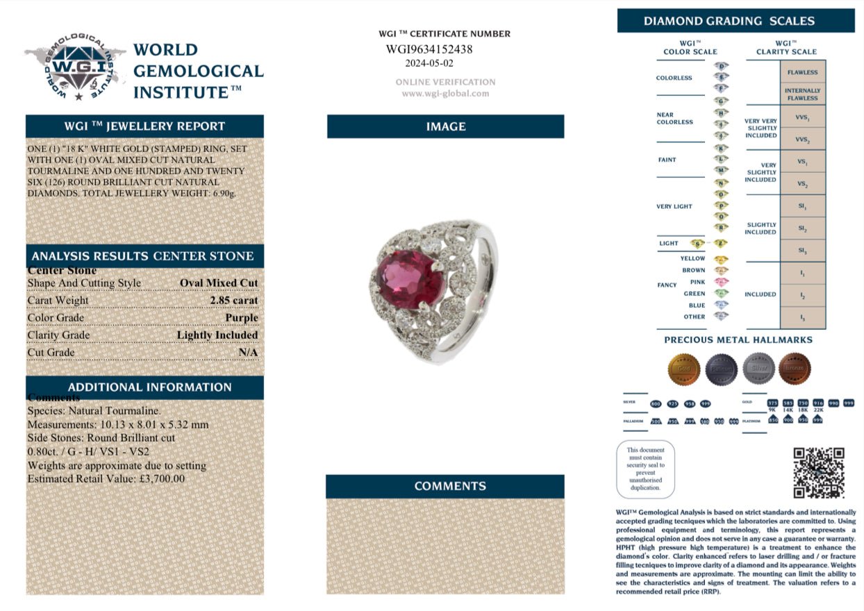 2.85 Ct Tourmaline Ring/0.80 Ct Diamond Ring - 18 Ct white gold- WGI Certificate £3700 - Flamingo Gems