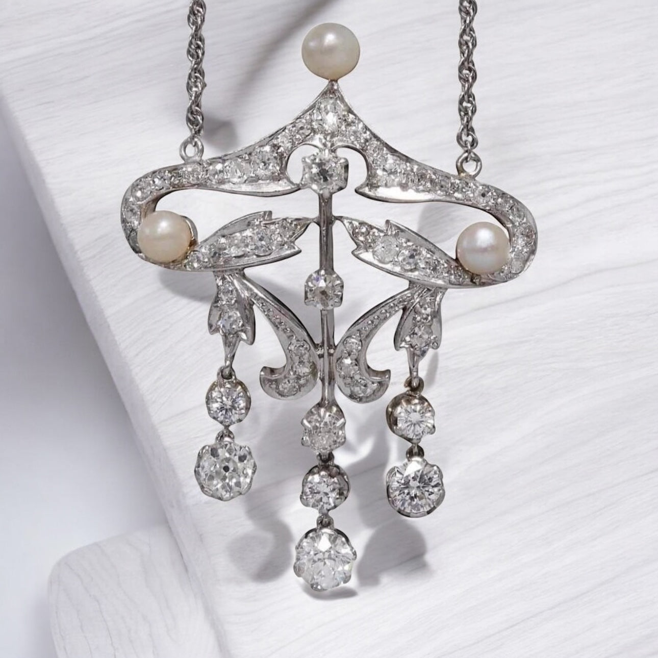 2.90 Ct Diamond Belle Epoque and Pearl Necklace - WGI Certificate £9,900 - Flamingo Gems