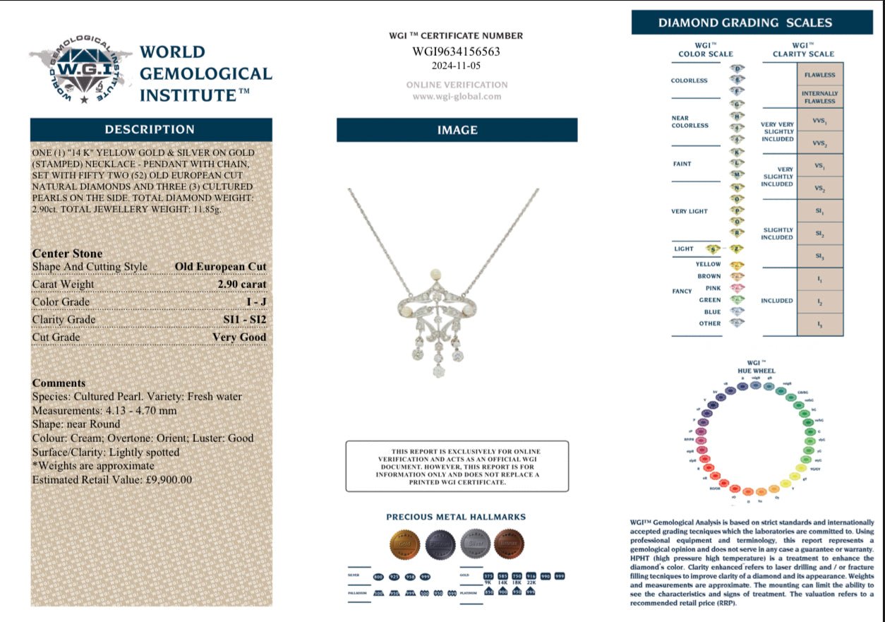 2.90 Ct Diamond Belle Epoque and Pearl Necklace - WGI Certificate £9,900 - Flamingo Gems