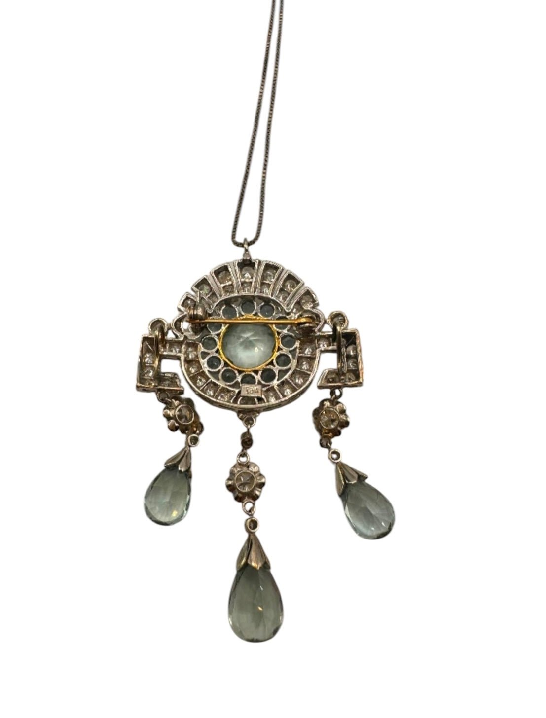 3 Ct Diamond, 10.10 Ct Aquamarine Art Deco Antique Pendant, Necklace Brooch - Art Deco Antique - WGI Certificate £14,500 - Flamingo Gems