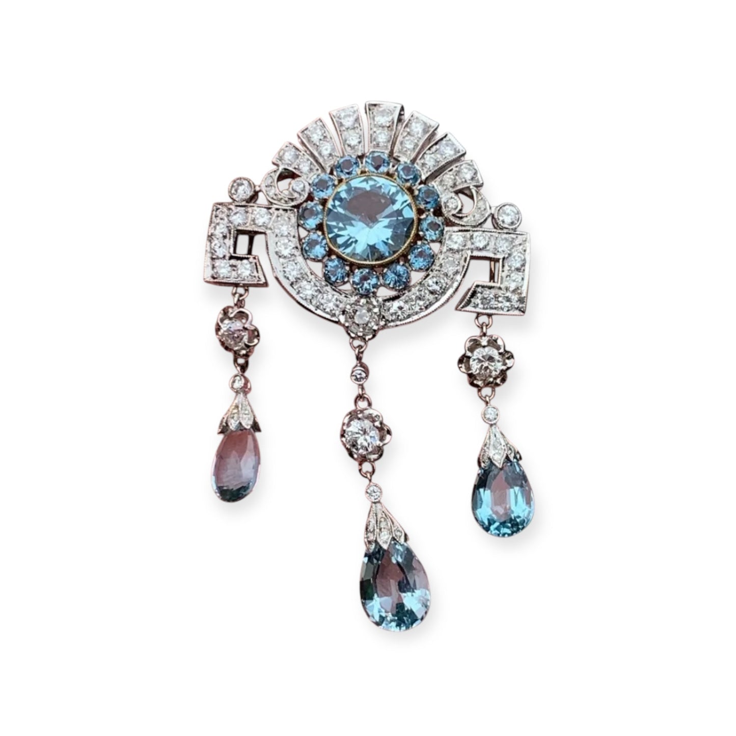 3 Ct Diamond, 10.10 Ct Aquamarine Art Deco Antique Pendant, Necklace Brooch - Art Deco Antique - WGI Certificate £14,500 - Flamingo Gems