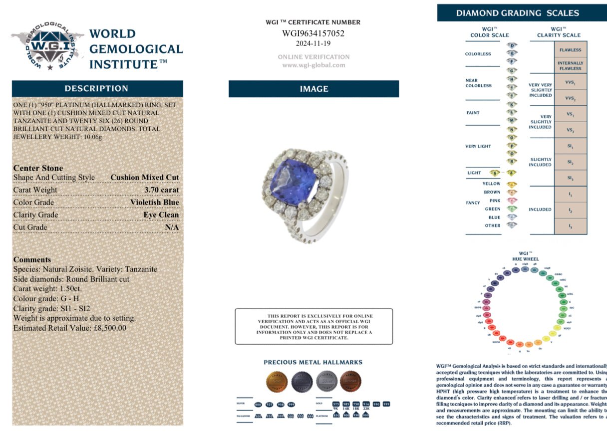 3.70 Ct AAAA Tanzanite, 1.50 Ct Natural Diamond Platinum Ring - WGI Certificate £8,500 - Flamingo Gems