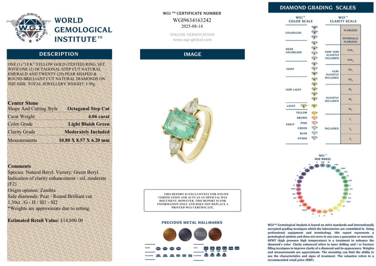 4.06 Ct Natural Emerald and 1.30 Ct Natural Diamond Ring - 18K Yellow Gold, WGI Certificate £14,800 - Flamingo Gems