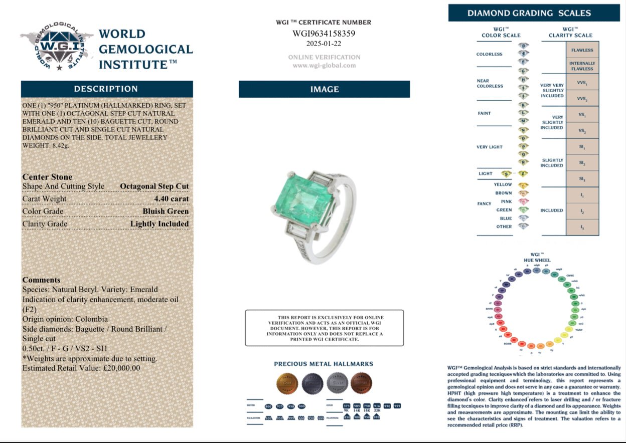4.40 Ct Colombian Emerald, 0.50 Ct Natural Diamond Ring Platinum - WGI Valuation £20,000 - Flamingo Gems