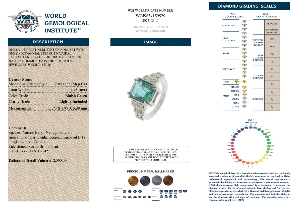 4.45 Carat Zambian Emerald and 0.40 Carat Natural Diamond Ring - Platinum - WGI Certificate £12,500 - Flamingo Gems