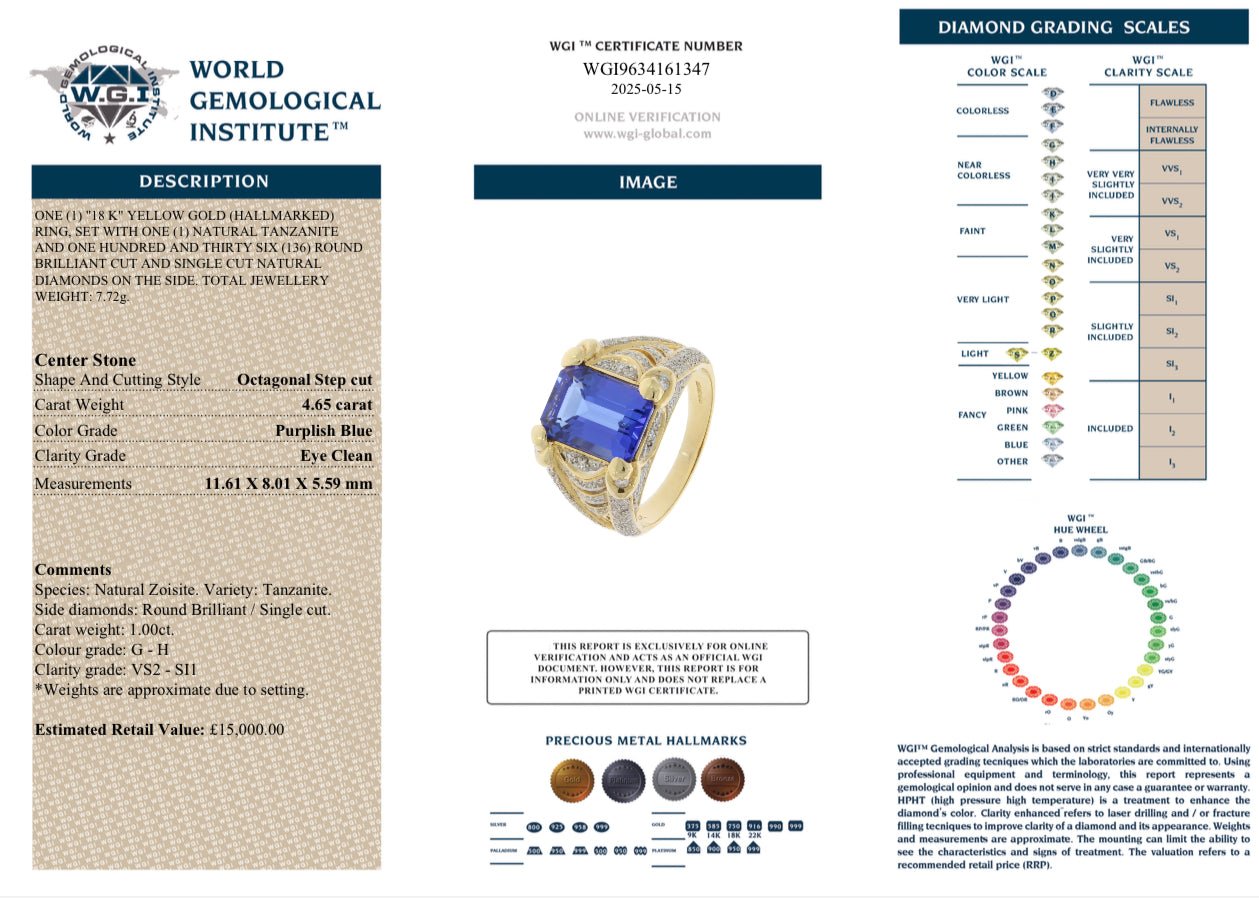 4.65 Ct Tanzanite, 1 Ct Natural Diamond Ring, 18 Ct Yellow Gold - WGI Certificate £15,000 - Flamingo Gems