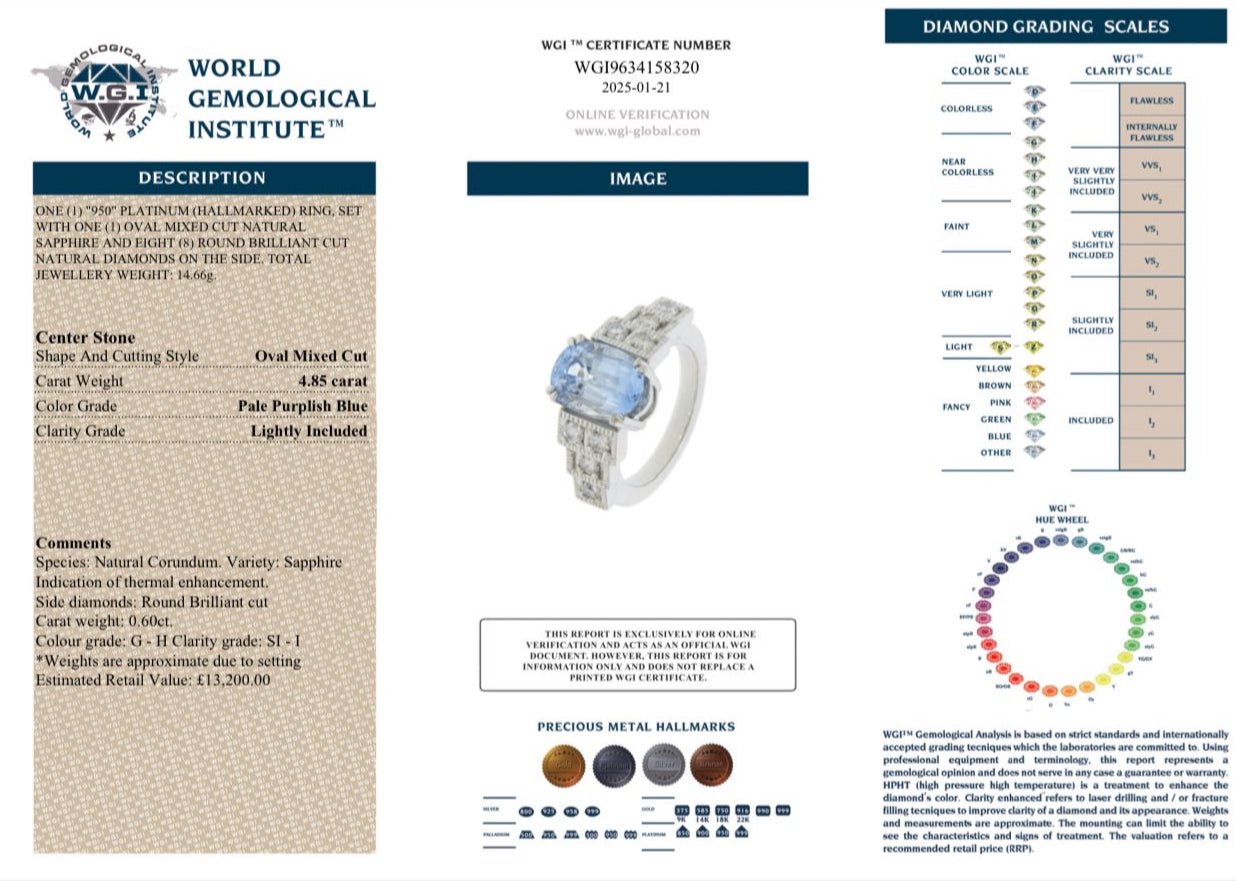 4.85 Ct Natural Ceylon Sapphire, 0.60 Ct Diamond Ring, Platinum - WGI Certificate £13,200 - Flamingo Gems
