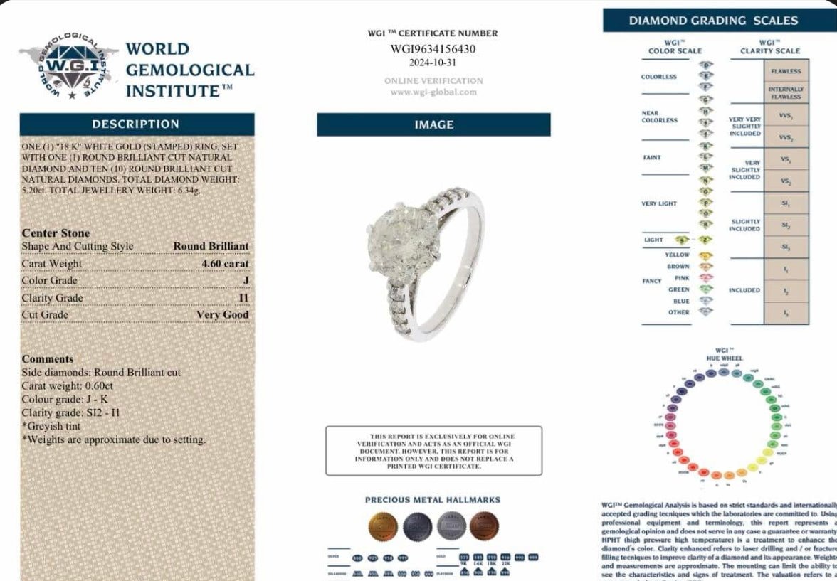 5.11 Ct Natural Diamond Ring, 18k White Gold - AGI Certificate £62,780 and WGI Certification - Flamingo Gems