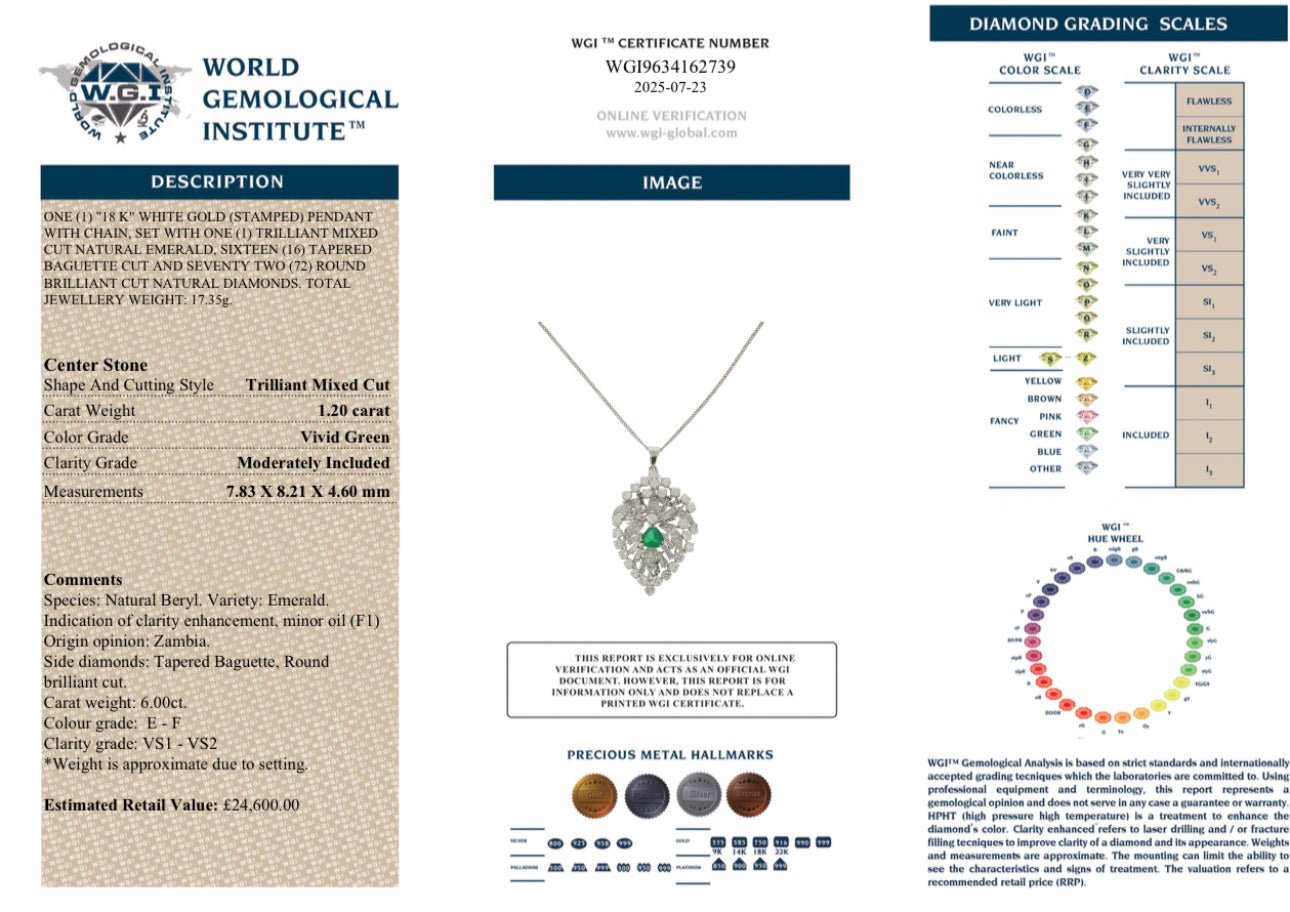 6 Ct Natural Diamond, 1.20 Ct Natural Emerald, 18k White Gold Pendant with Chain - WGI Certificate £24,600 - Flamingo Gems