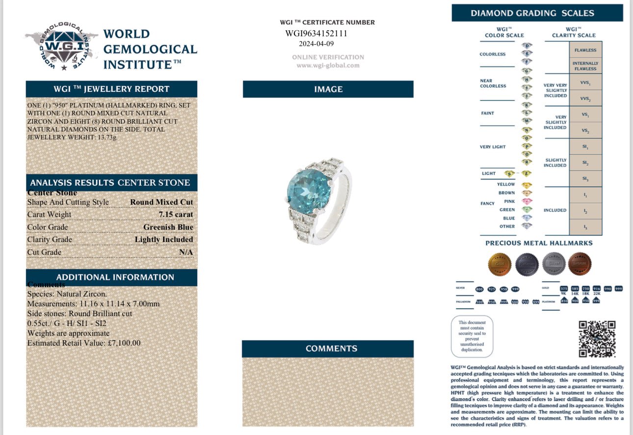 7.15 Carat Blue Zircon and Diamond Ring - WGI Certificate £7100 - Flamingo Gems