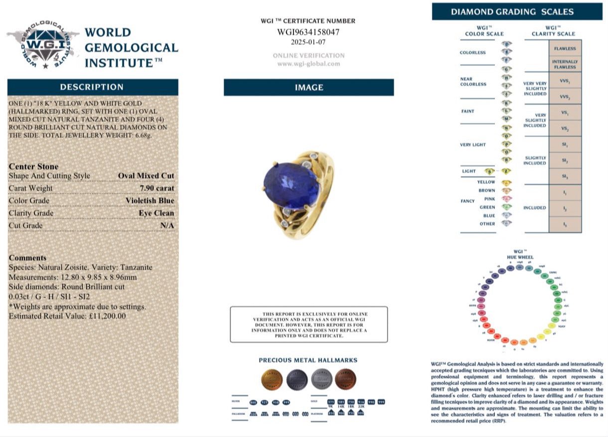 7.90 Ct AAAA Tanzanite and Diamond Ring in 18k Yellow Gold - WGI Certificate £11,200 - Flamingo Gems