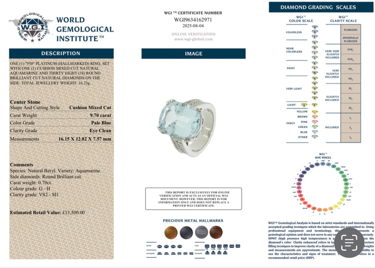 9.70 Ct Aquamarine and 0.70 Ct Natural Diamond Cocktail Ring, Platinum - WGI Certificate £13,500 - Flamingo Gems