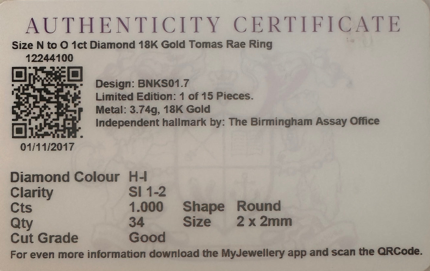 1 Carat Natural Diamond Ring - 18K White Gold