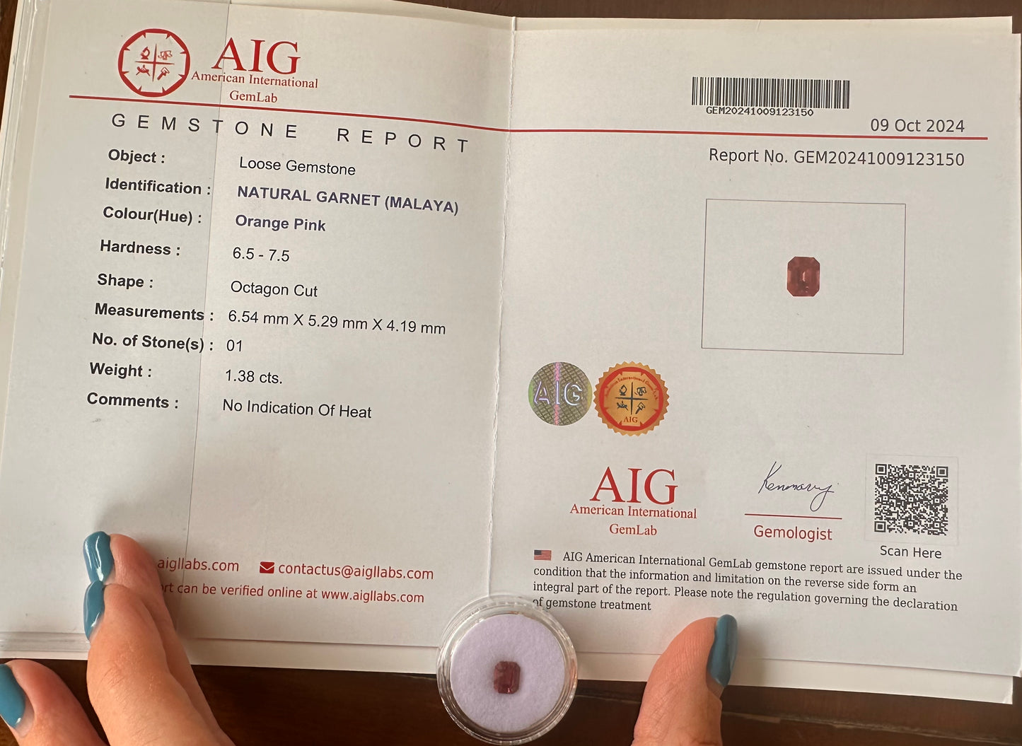 UNTREATED MALAYA GARNET - 1.38 Ct