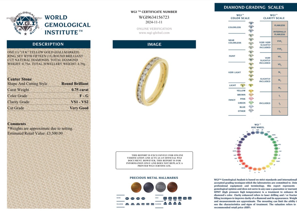 O.75 Ct VS Natural Diamond Eternity Ring, 18k Gold - WGI Certificate £3,500 - Flamingo Gems