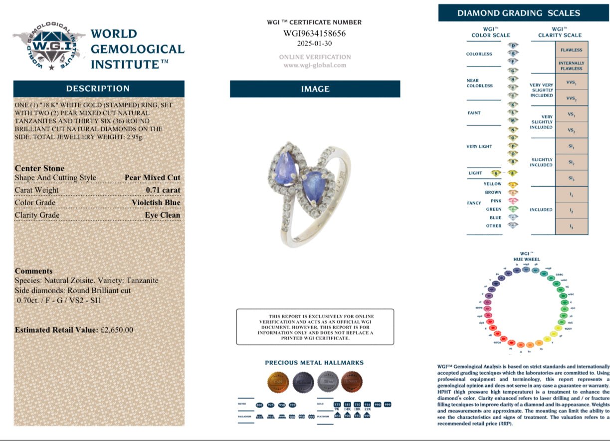 Tanzanite and Diamond Ring - 18k White Gold - WGI Certificate £2,650 - Flamingo Gems
