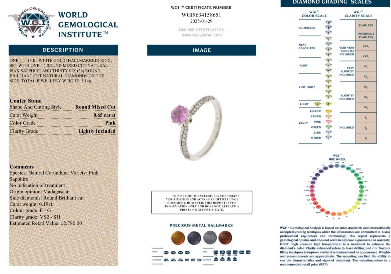 VALENTINE PROMOTION - 0.65 Unheated Pink Sapphire and Natural Diamond Ring - 18k White Gold - WGI Certificate £2,780 - Flamingo Gems