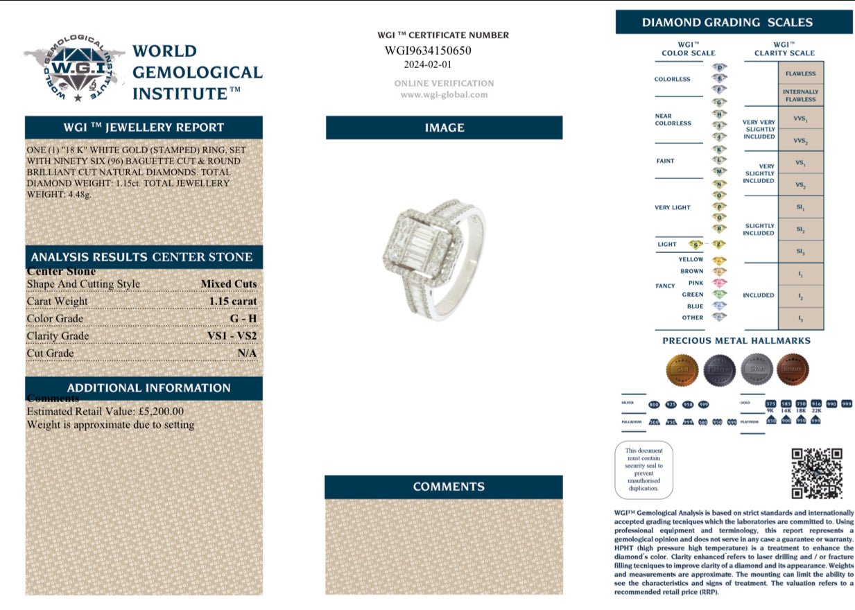 18 Ct White Gold, Diamond Ring, 1.15 ct - WGI Certification £5200 - Flamingo Gems